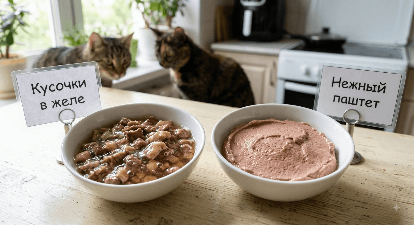 Аппетитные кусочки кошачьего корма и нежнейший паштет