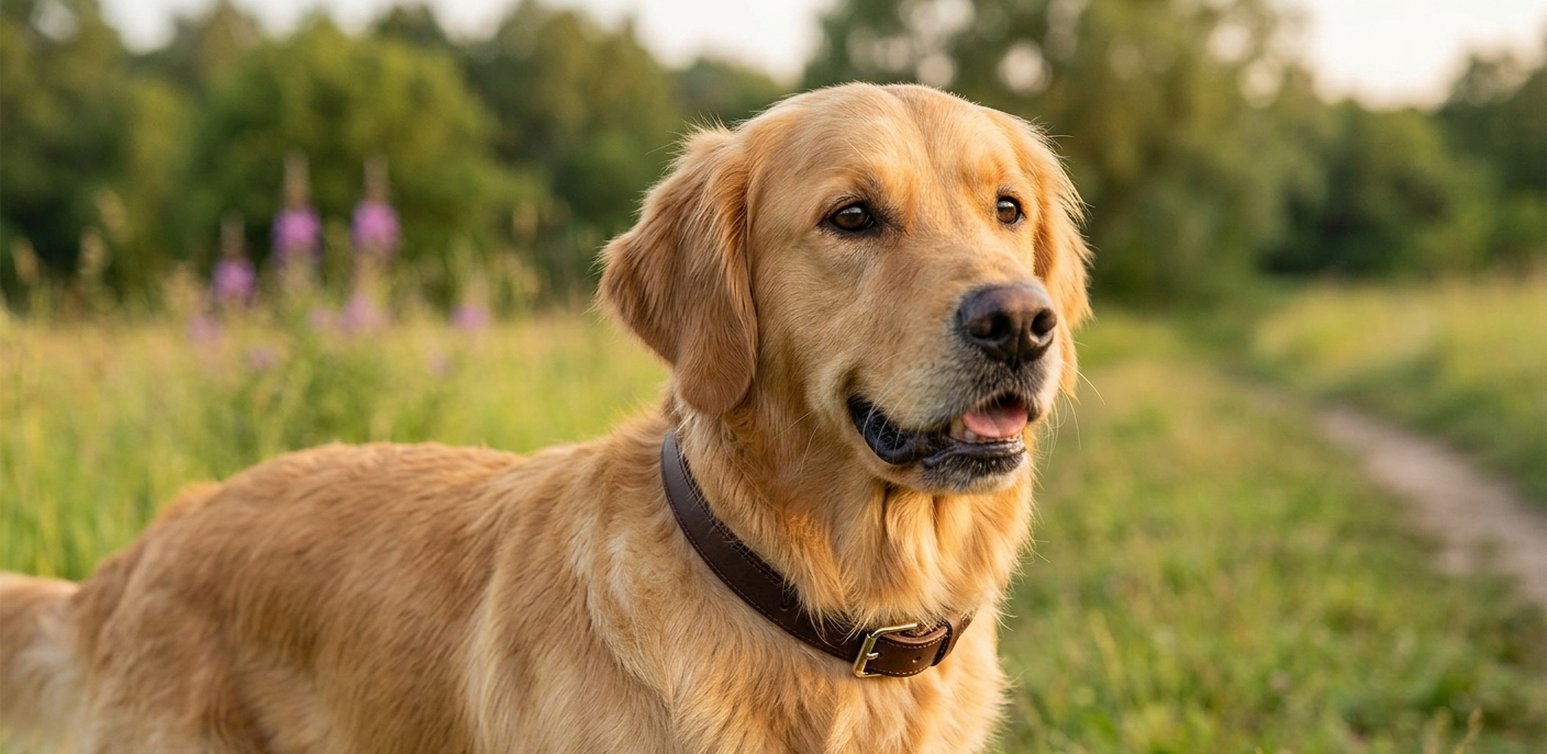 счастливый золотистый ретривер в ошейнике от клещей на прогулке