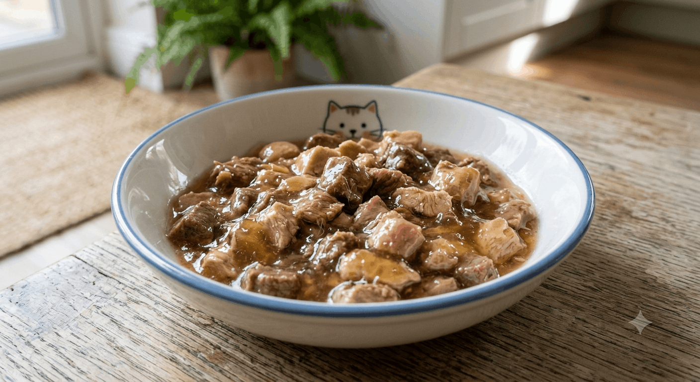 аппетитные мясные кусочки в кошачьем корме